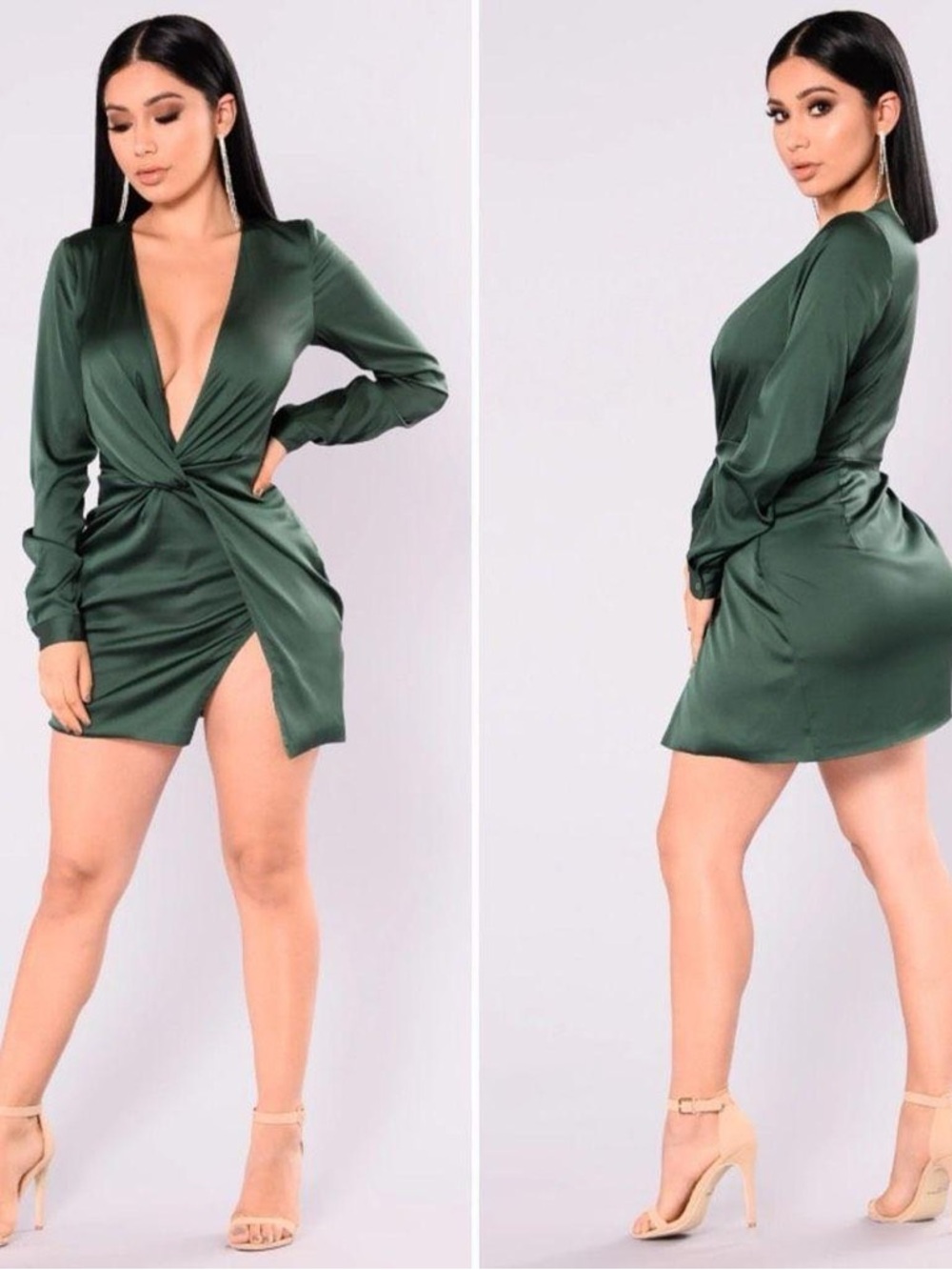 FashionNova Green Twist-Front Long Sleeve Mini Dress Size Medium